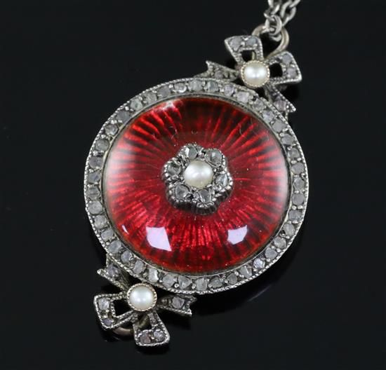 A Victorian gold, red guilloche enamel, seed pearl and rose cut diamond set circular pendant, pendant 35mm.